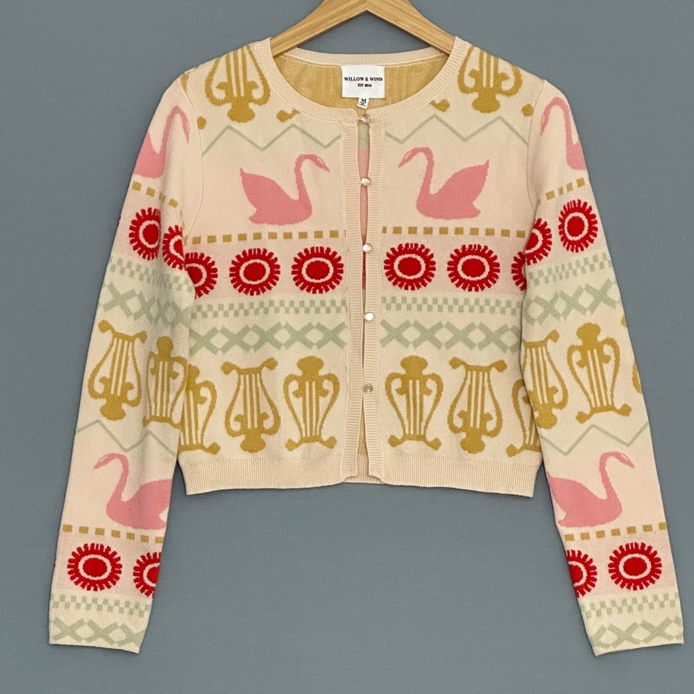 Swan Print Cardigan Womens M Pink Whimsical Cottagecore Soft Girl Willow & Wind - Picture 1 of 9